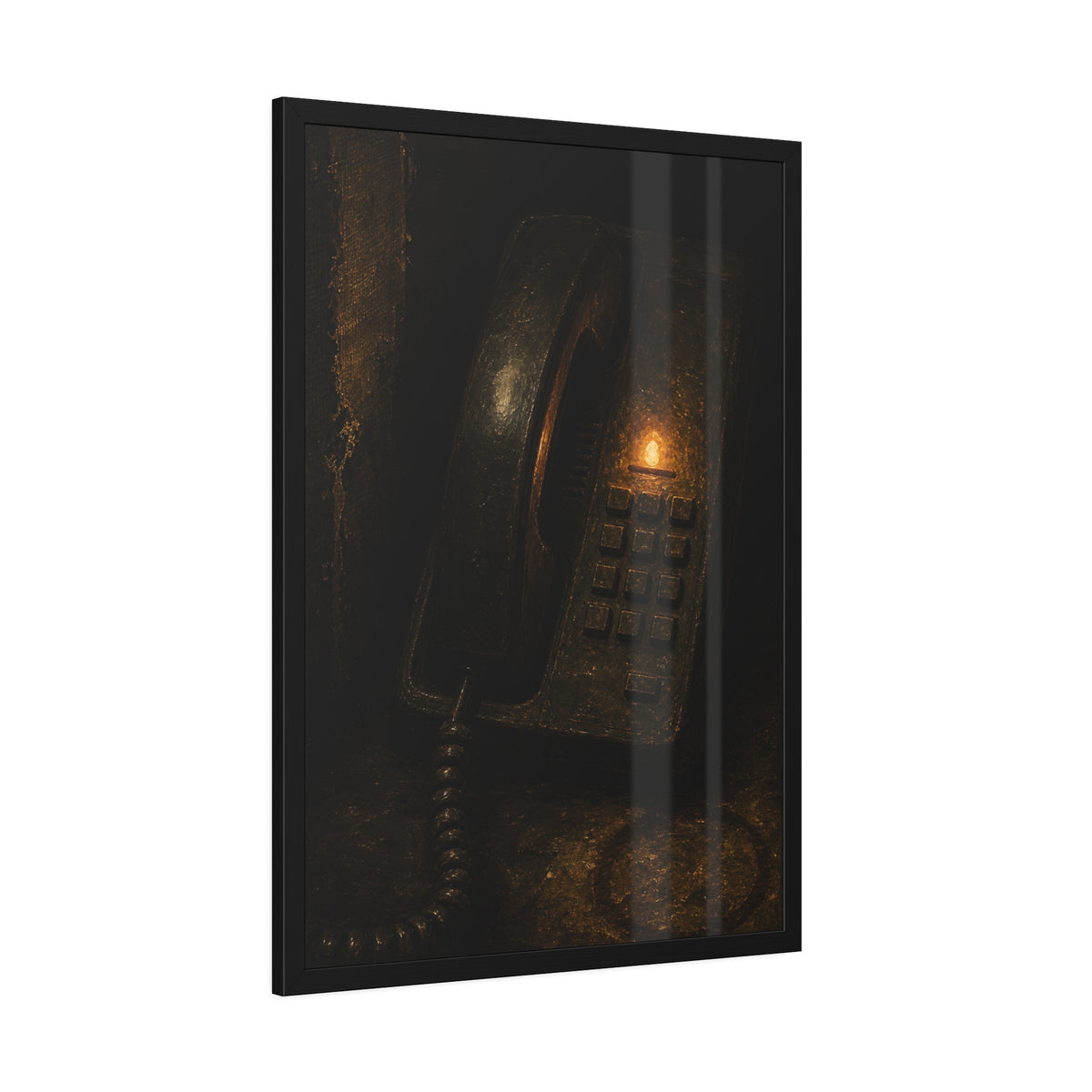An old desk phone in the dark with one amber line light glowing. The First Ring by Garabaggio, framed fine art print hanging in a room.