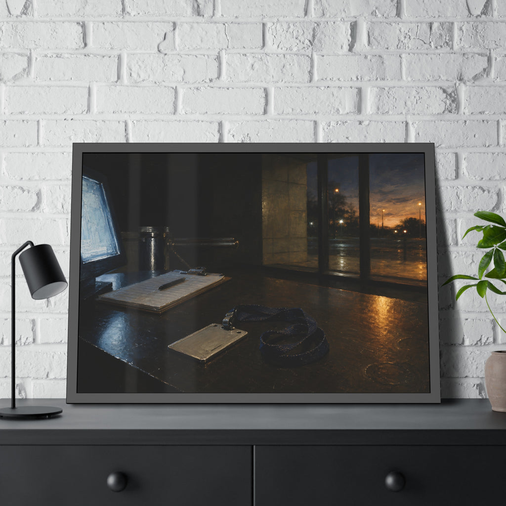 An ID badge and lanyard left on a security desk beside a lit monitor. The Badge on the Security Desk by Garabaggio, framed fine art print hanging in a room.
