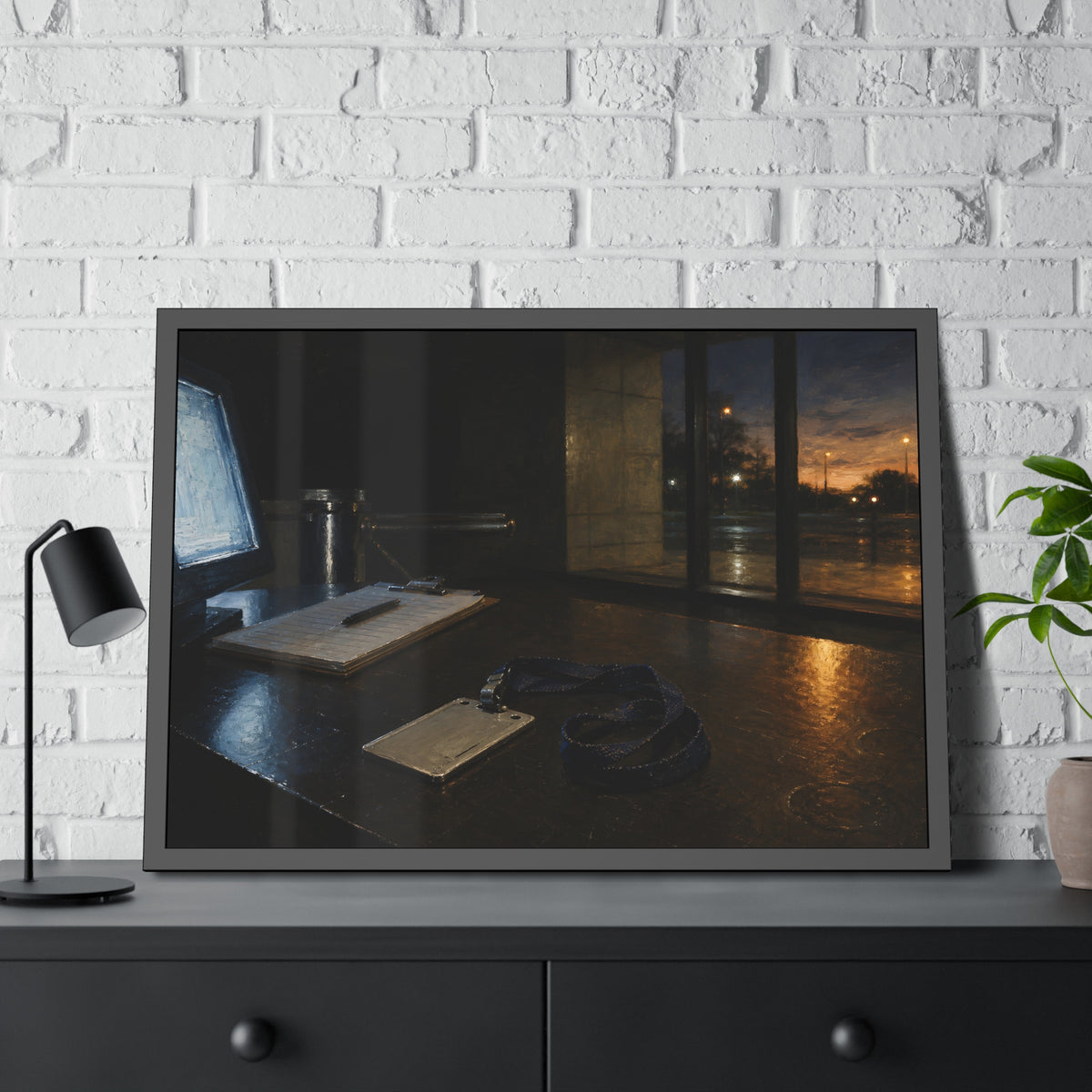 An ID badge and lanyard left on a security desk beside a lit monitor. The Badge on the Security Desk by Garabaggio, framed fine art print hanging in a room.