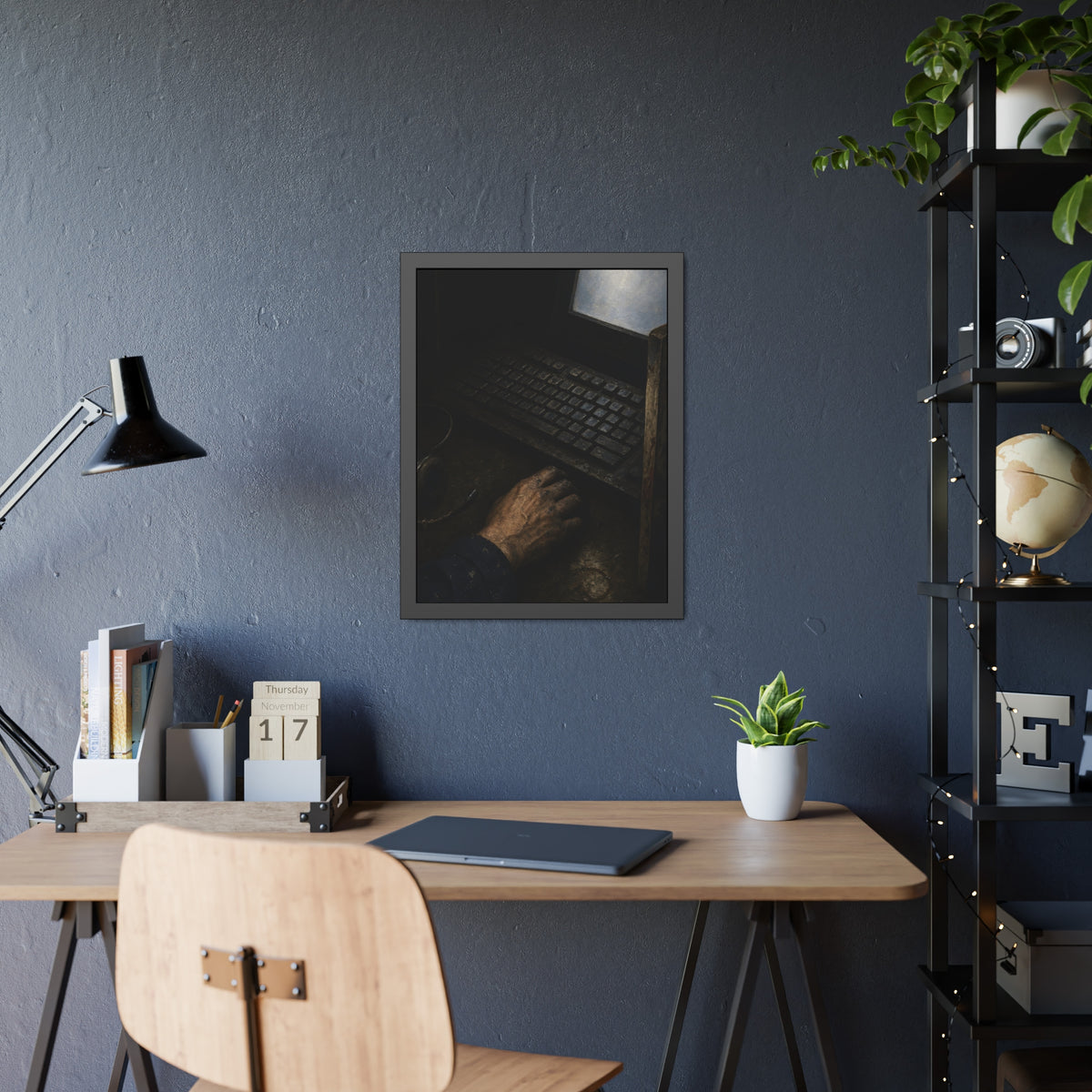 A hand on a mouse beside a grimy keyboard and a pale glowing screen. Login Before Dawn by Garabaggio, framed fine art print hanging in a room.