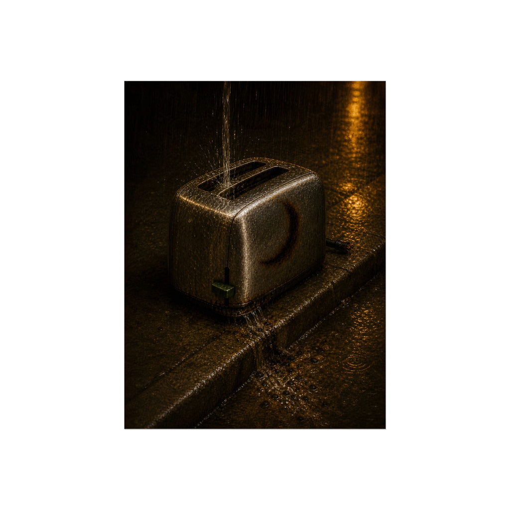 A toaster on a wet curb with water pouring into its slots. Rain Through the Slots by Garabaggio, fine art print, 12″ x 16″.