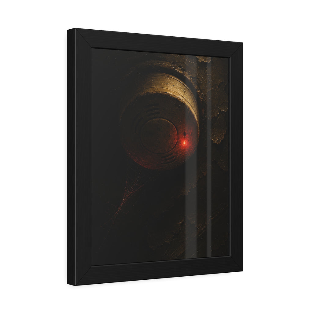 A dusty smoke detector on a peeling ceiling with its red light on. The First Red Blink by Garabaggio, framed fine art print hanging in a room.