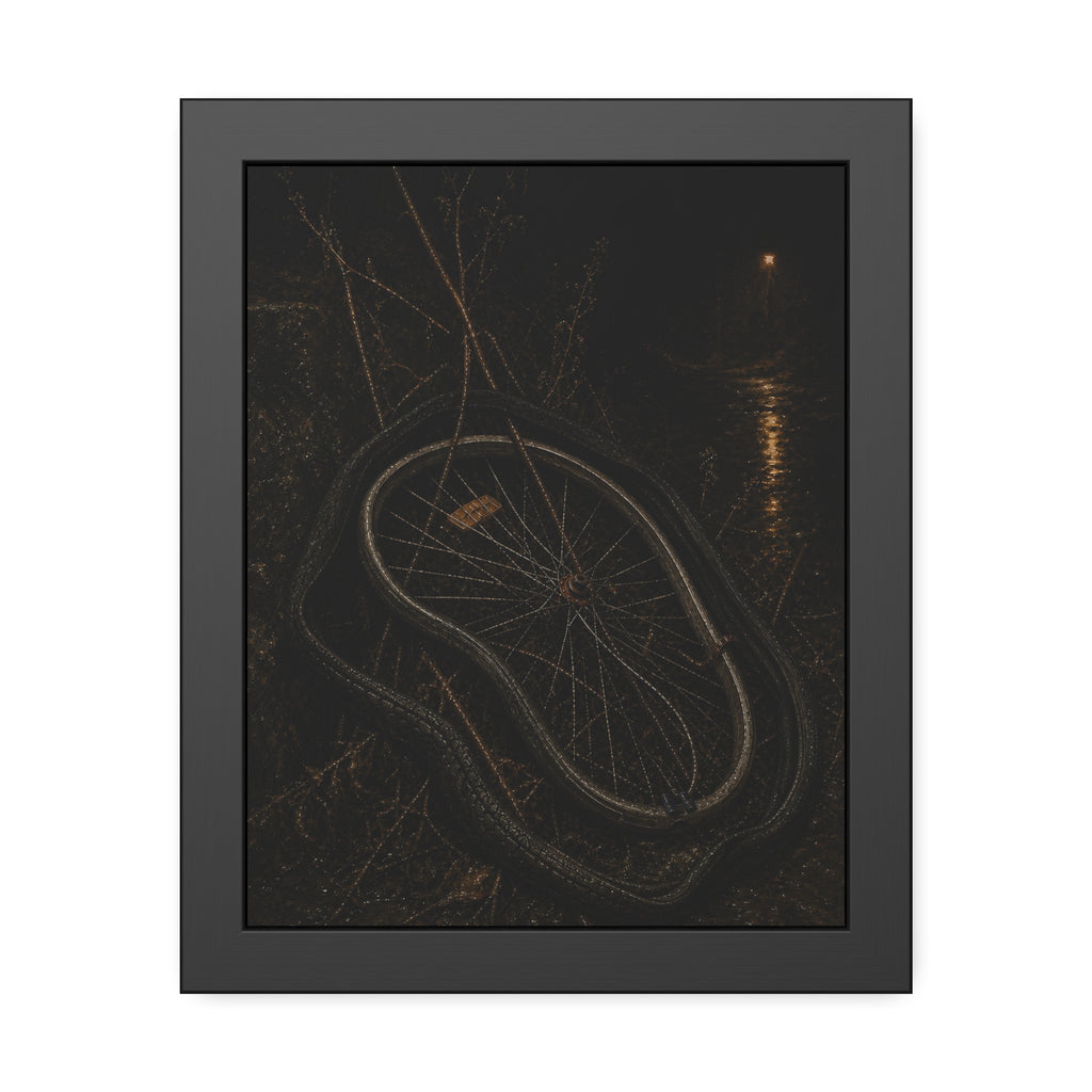 A bare bicycle wheel with its tire coiled around it on wet ground. The Removal of the Tire by Garabaggio, framed fine art print, 11″ x 14″.