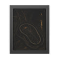 A bare bicycle wheel with its tire coiled around it on wet ground. The Removal of the Tire by Garabaggio, framed fine art print, 11″ x 14″.