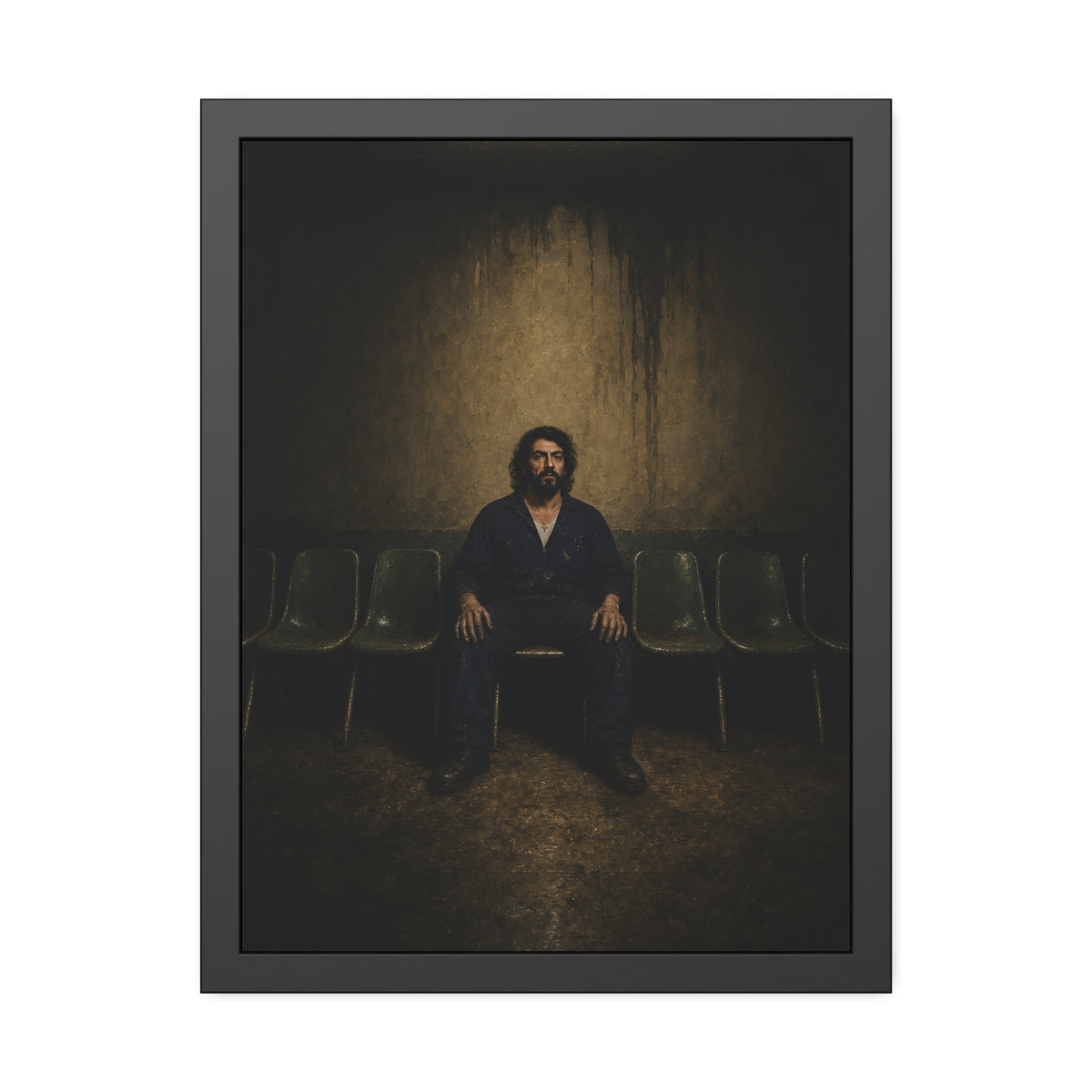 A man sits in the middle of a row of empty chairs under a wall light. Garabaggio Takes the Middle Chair by Garabaggio, framed fine art print, 18″ x 24″.
