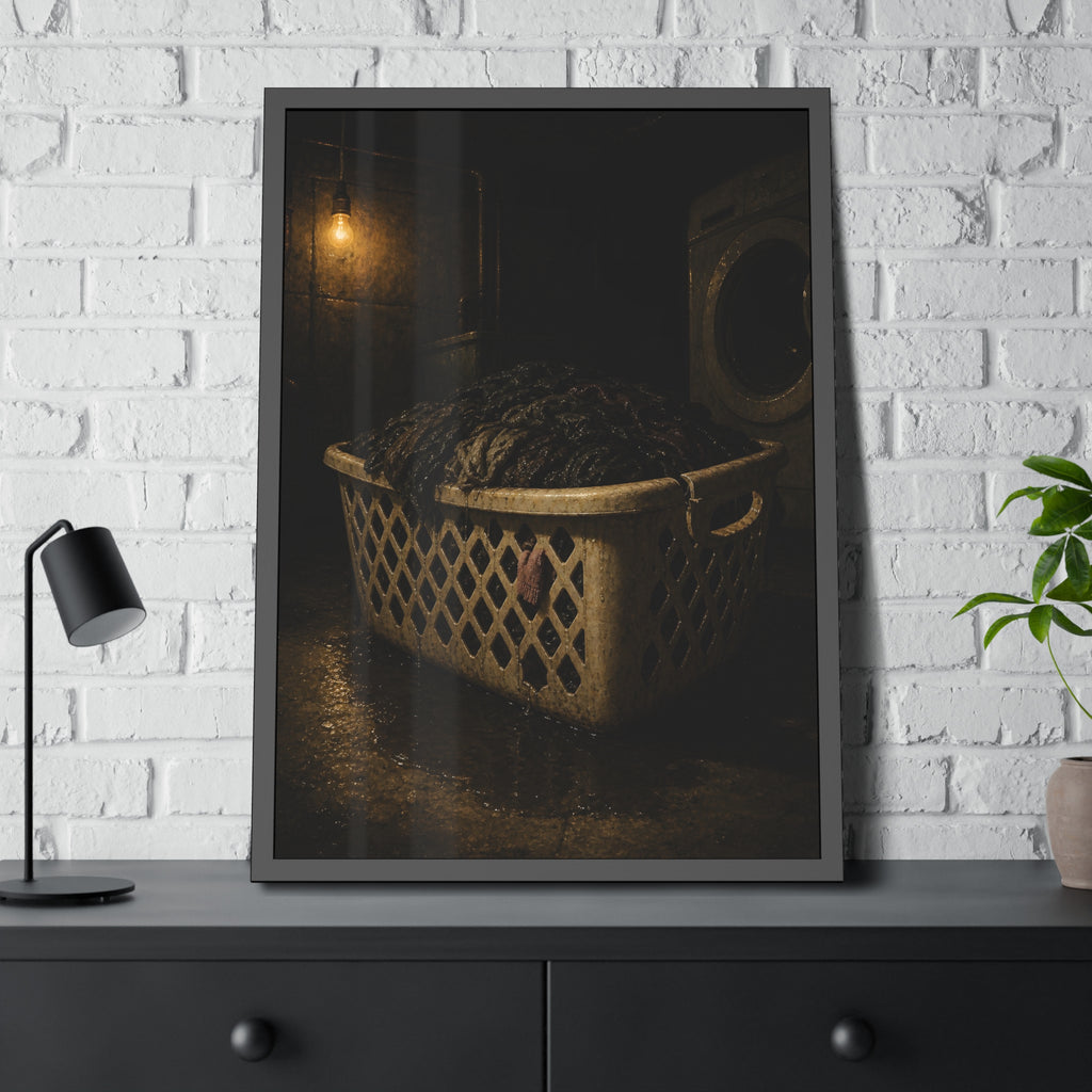 A laundry basket heaped with wet dark clothes under a bare bulb. The Burden of Wet Clothes by Garabaggio, framed fine art print hanging in a room.
