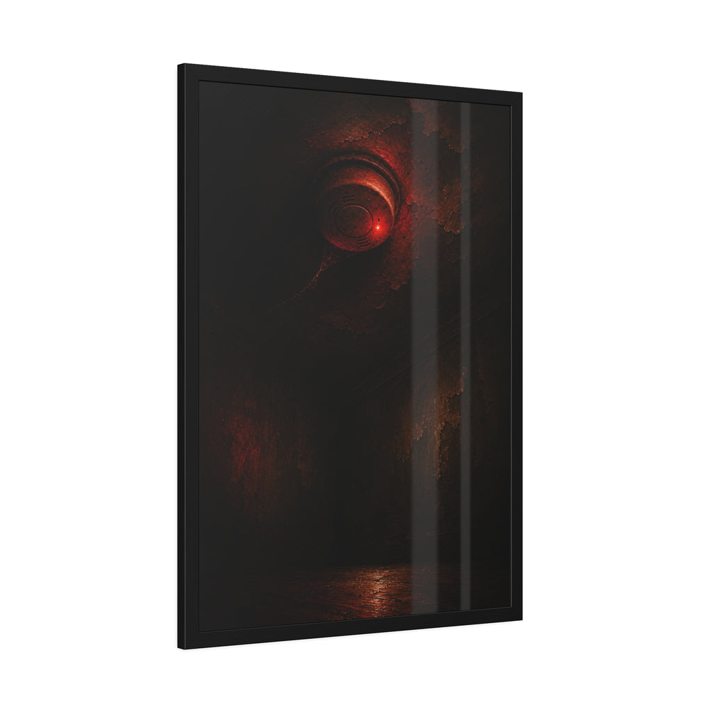 A ceiling smoke detector glowing red in an empty peeling room. The Alarm in an Empty Room by Garabaggio, framed fine art print hanging in a room.