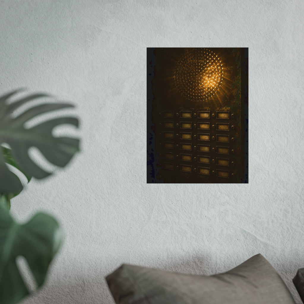 Light glowing through an intercom speaker grille above rows of buttons. Voice Through Perforations by Garabaggio, fine art print hanging in a room.