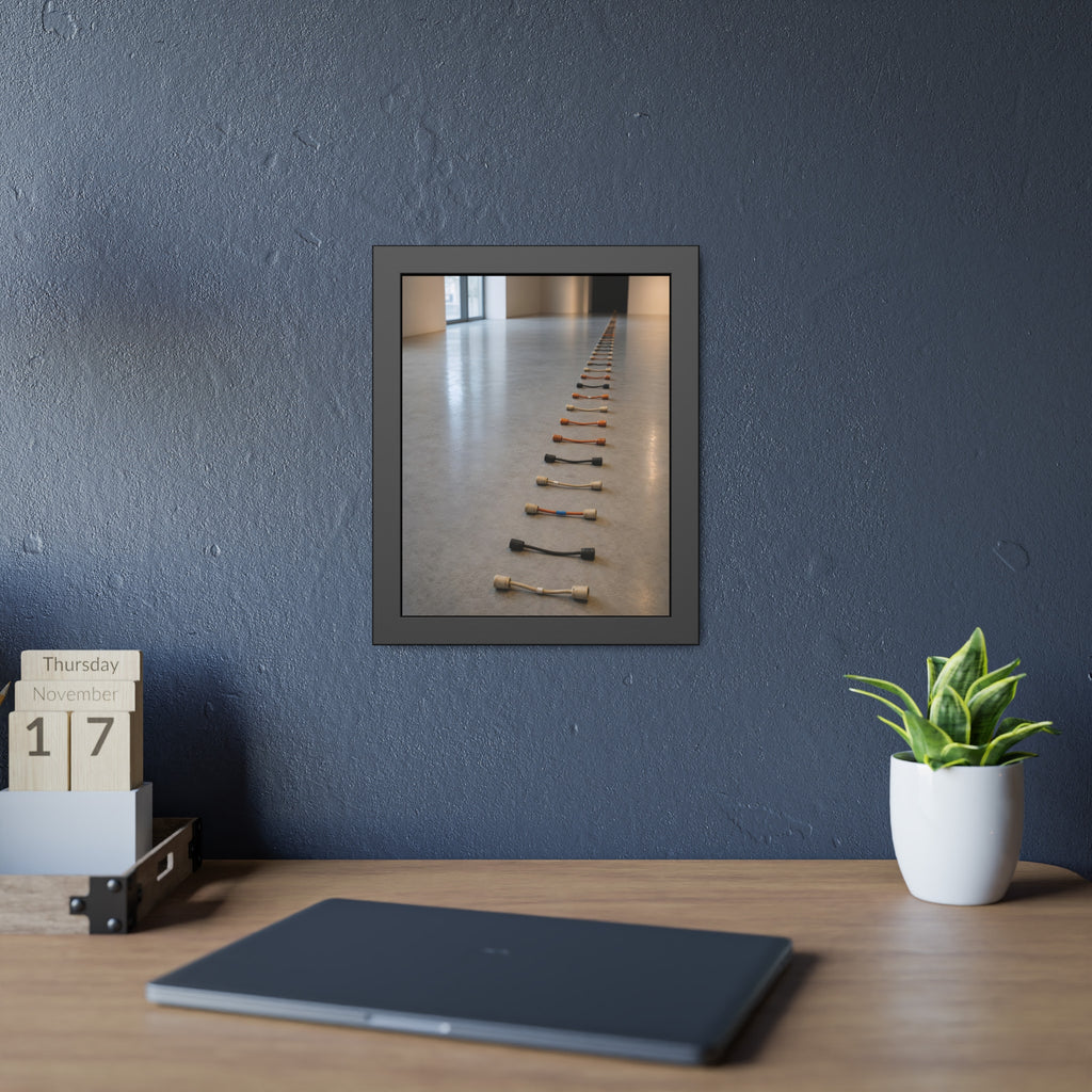 A long line of cut extension cord ends laid across a pale gallery floor. The Severed Procession by Garabaggio, framed fine art print hanging in a room.