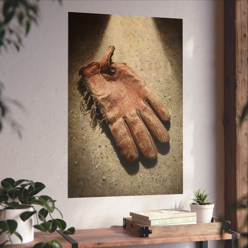 A cracked leather work glove lying on bright sunlit concrete. The Bleaching, Study of a Sun-Tired Glove by Garabaggio, fine art print hanging in a room.