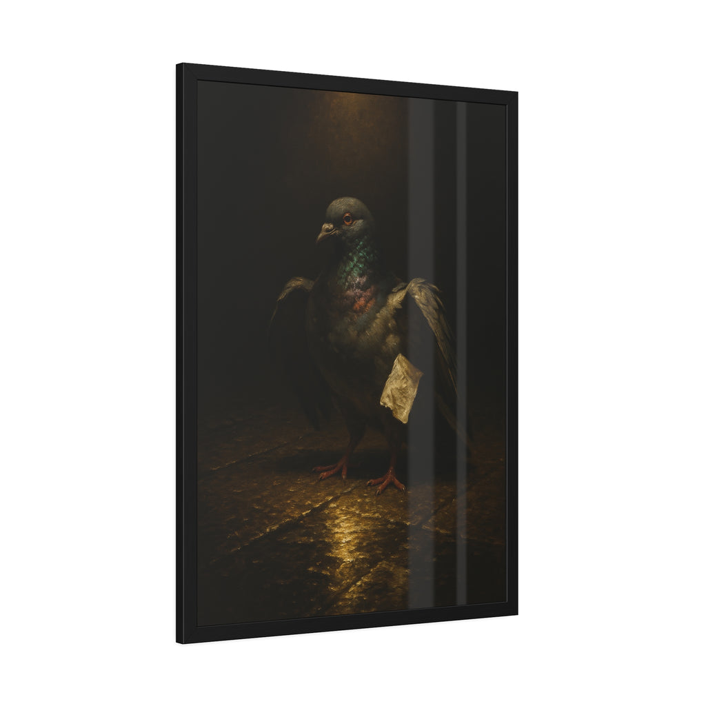 A pigeon with wings half raised, a paper scrap at its side. The Annunciation of the Common Pigeon by Garabaggio, framed fine art print hanging in a room.