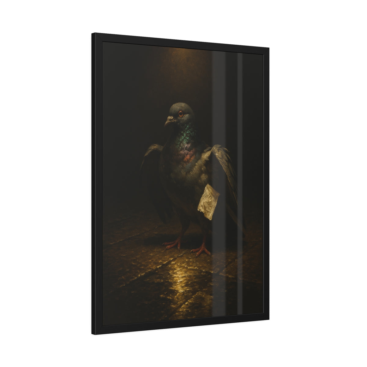 A pigeon with wings half raised, a paper scrap at its side. The Annunciation of the Common Pigeon by Garabaggio, framed fine art print hanging in a room.