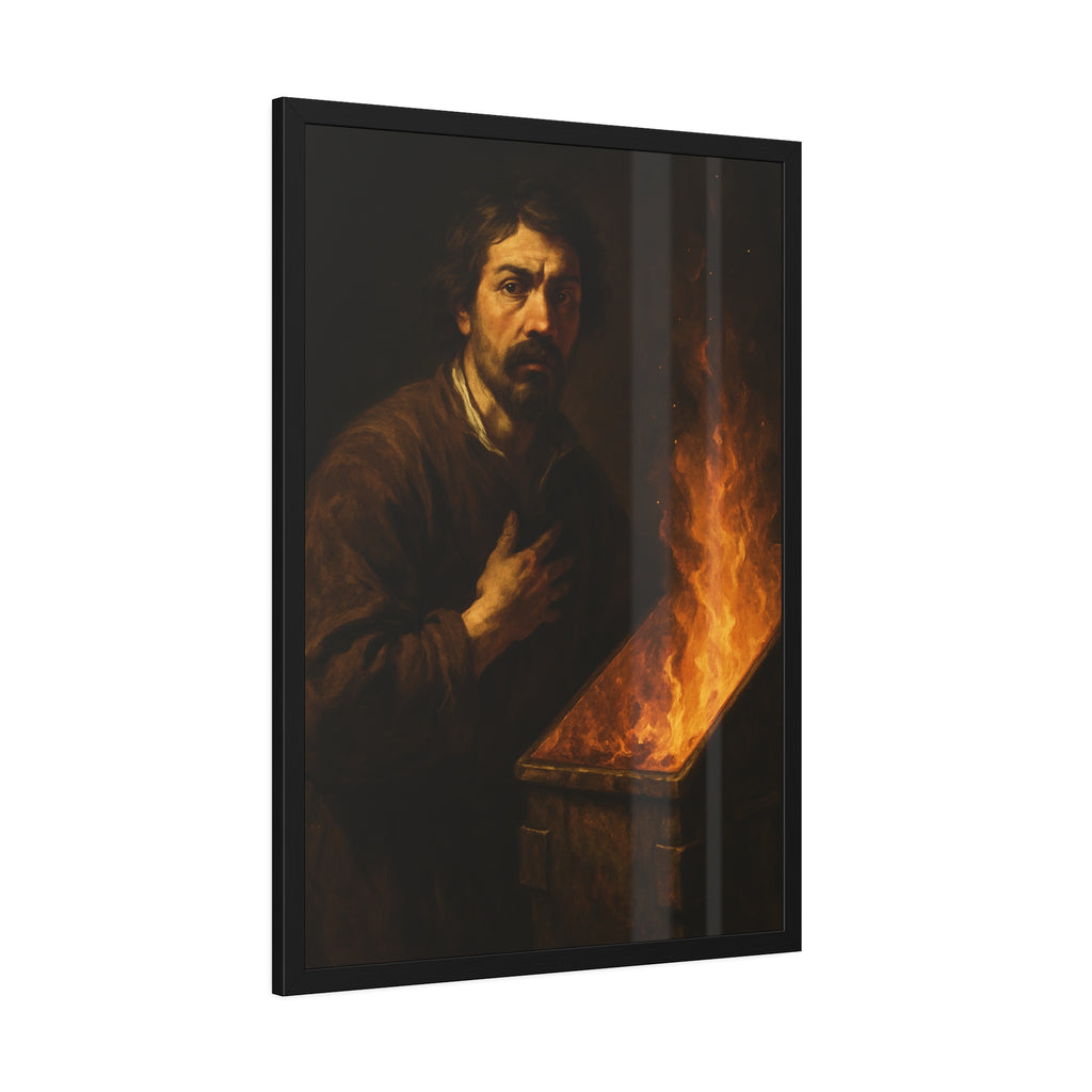 Man with a hand on his chest as flames run the length of a dumpster. Self-Portrait in the Final Hour by Garabaggio, framed fine art print hanging in a room.