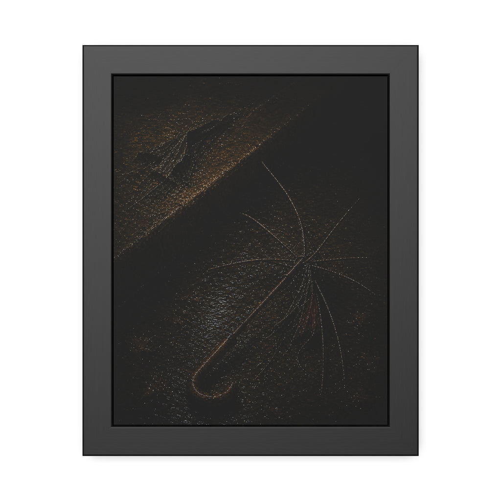 A stripped umbrella frame on wet pavement, its fabric torn away. The Stripping of the Canopy by Garabaggio, framed fine art print, 11″ x 14″.