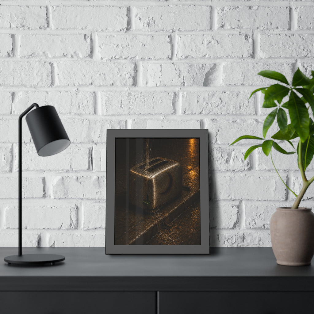 A toaster on a wet curb with water pouring into its slots. Rain Through the Slots by Garabaggio, framed fine art print hanging in a room.