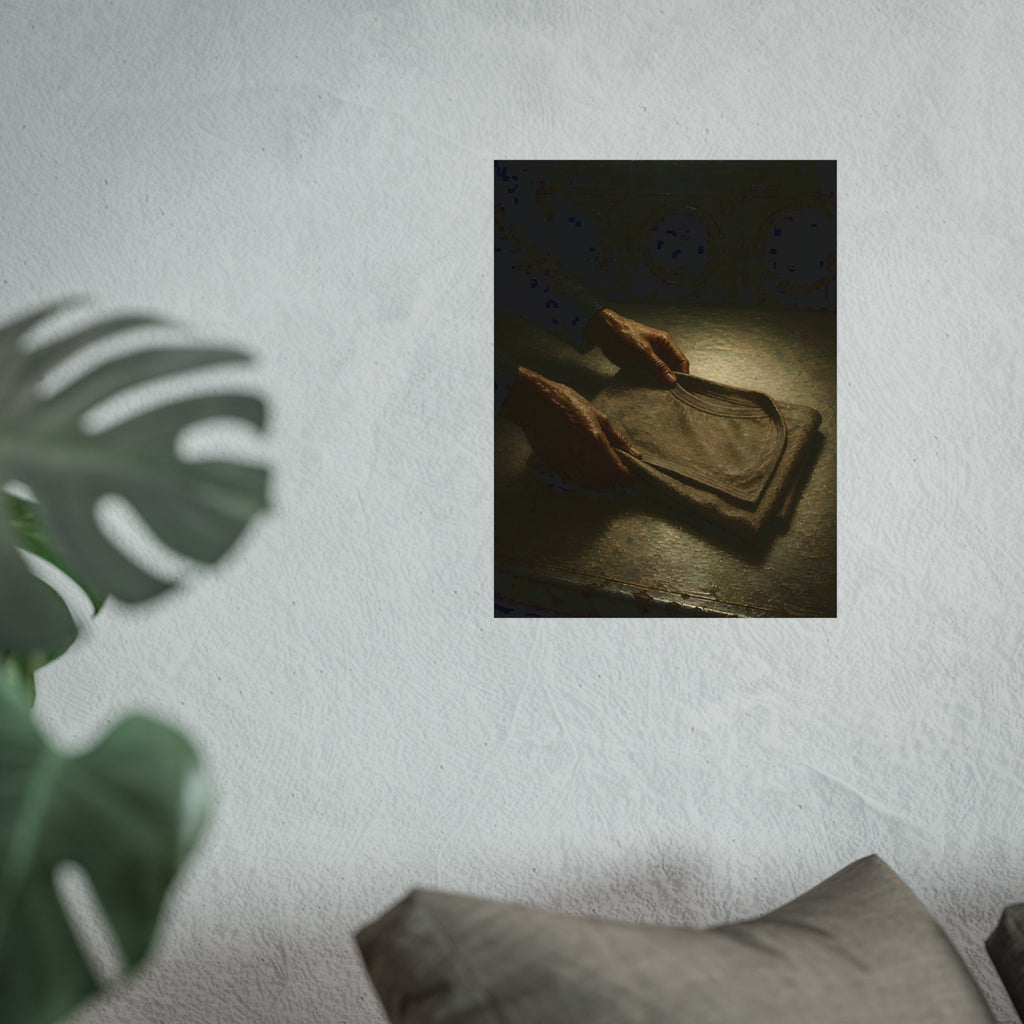 Two hands folding a shirt on a laundromat table with washers behind. The Folding at Two A.M by Garabaggio, fine art print hanging in a room.