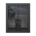 A near bare potted plant left out in the rain beside black garbage bags. The First Rain (Houseplant) by Garabaggio, framed fine art print, 11″ x 14″.