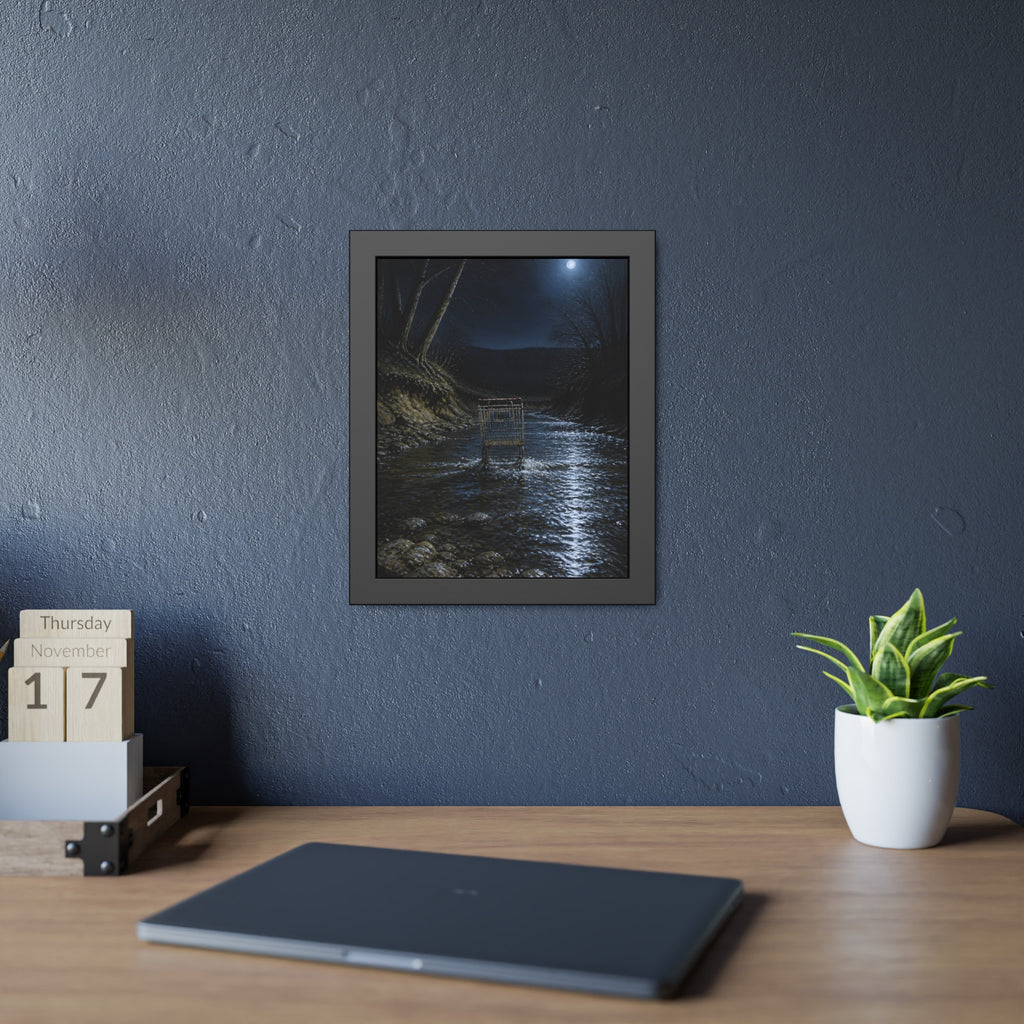 A shopping cart standing in a moonlit creek between dark trees. The Fording of the Creek by Garabaggio, framed fine art print hanging in a room.
