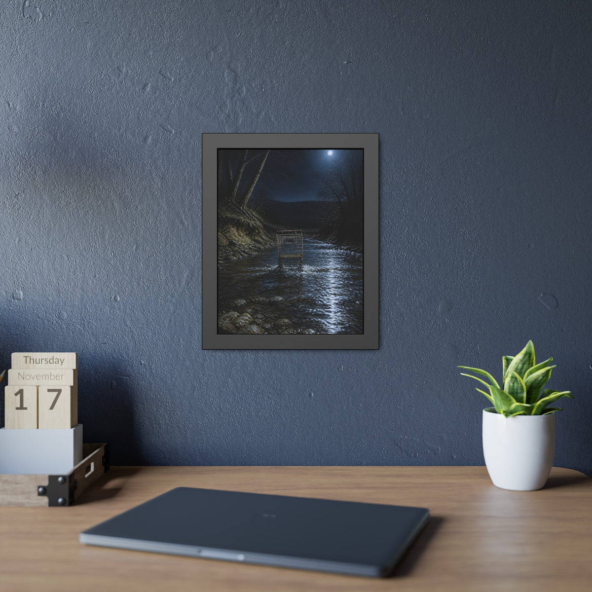 A shopping cart standing in a moonlit creek between dark trees. The Fording of the Creek by Garabaggio, framed fine art print hanging in a room.