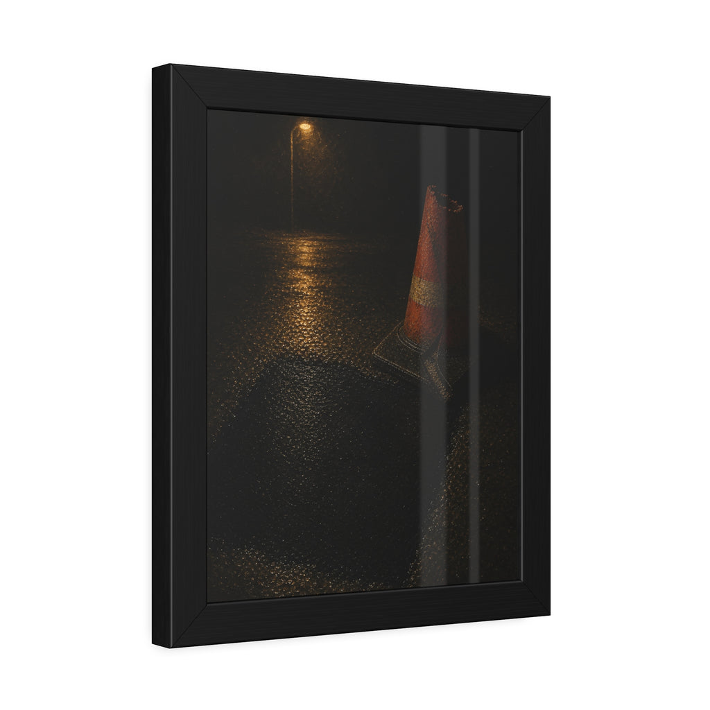 A traffic cone beside a fresh asphalt patch under a street lamp. The Sentinel After Repair by Garabaggio, framed fine art print hanging in a room.