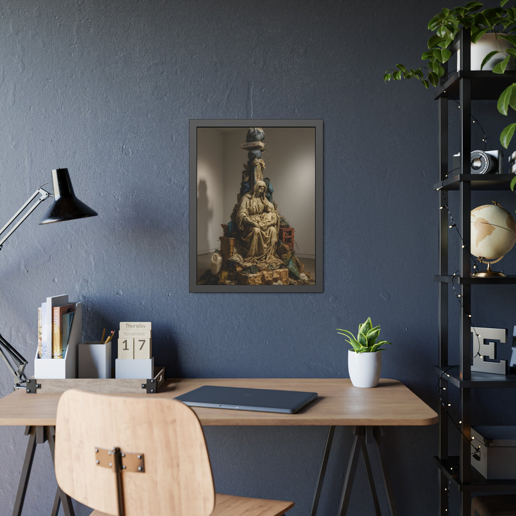 Seated hooded figure cradling a bundle on a mound of bagged refuse. Pietà of the Curbside by Garabaggio, framed fine art print hanging in a room.