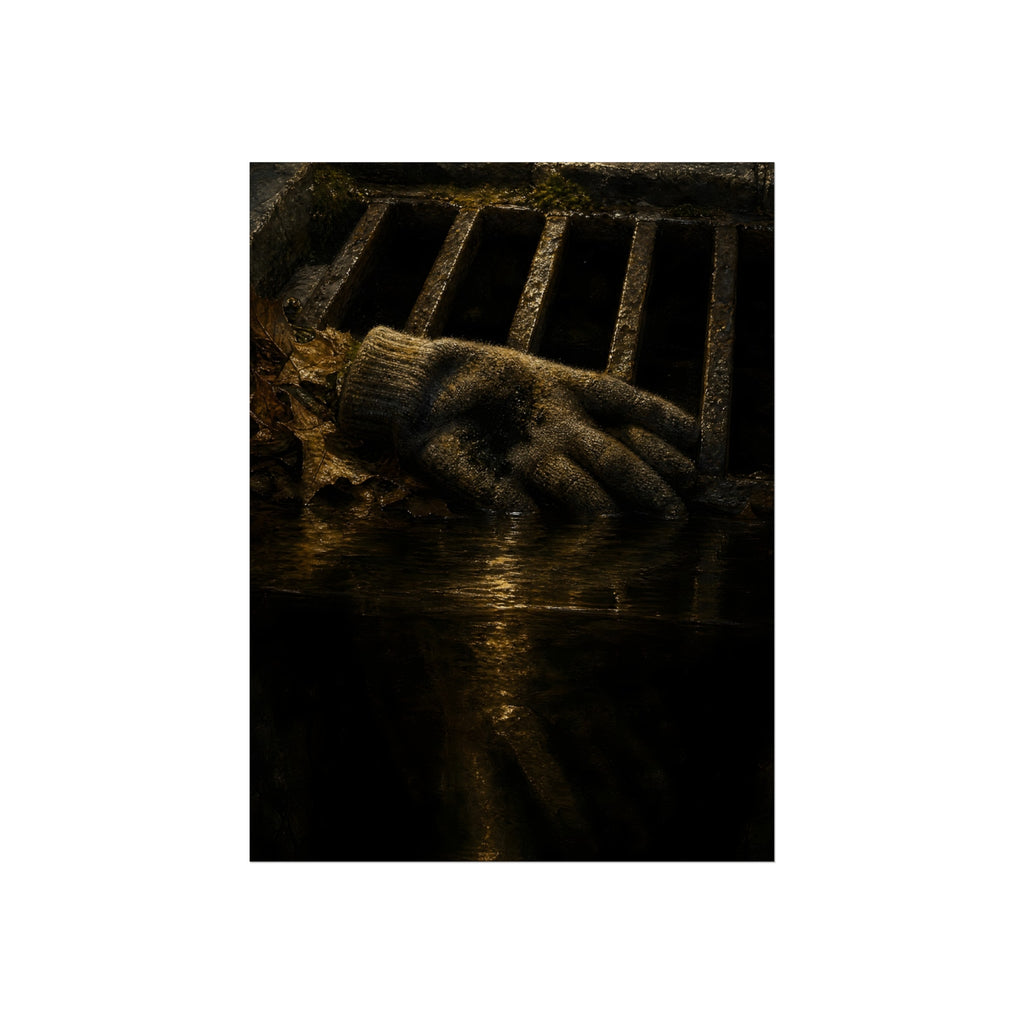 A single work glove on a storm drain grate above dark standing water. The Descent Into the Drain by Garabaggio, fine art print hanging in a room.