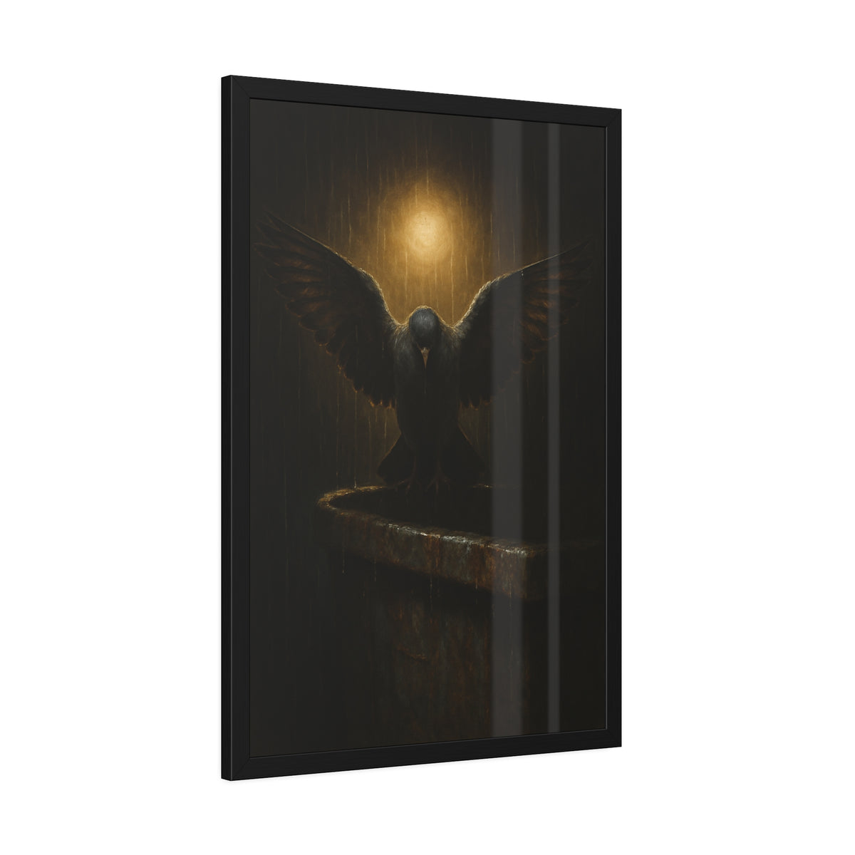 A pigeon with wings spread on a dumpster rim under a lamp in the rain. The Passion (Study in Rain) by Garabaggio, framed fine art print hanging in a room.