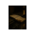 A sodden mattress slumped off a curb on wet pavement under a street lamp. The Collapse into the Gutter by Garabaggio, fine art print, 12″ x 16″.