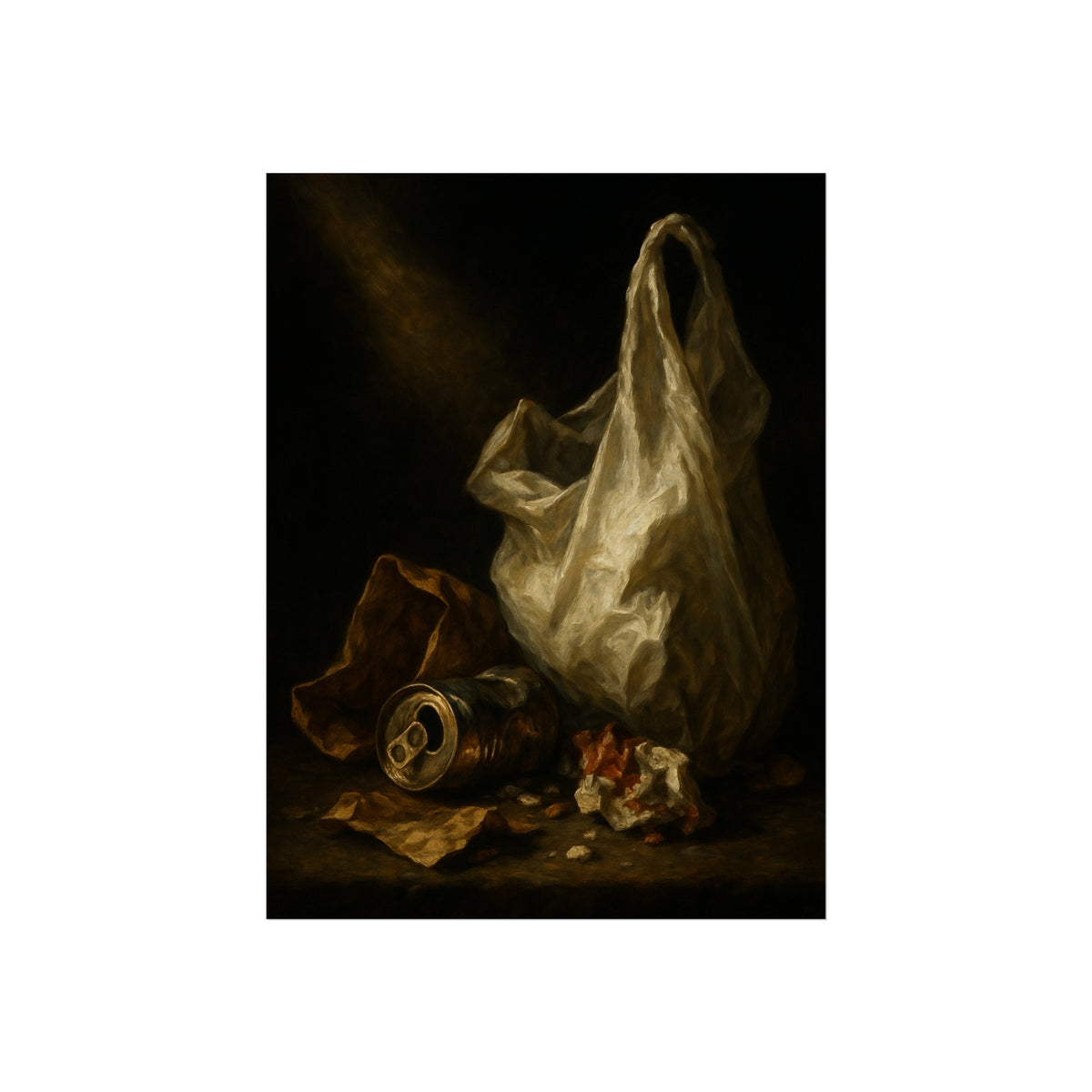 A white plastic bag standing upright in a shaft of light. The Annunciation of the Plastic Bag by Garabaggio, fine art print hanging in a room.
