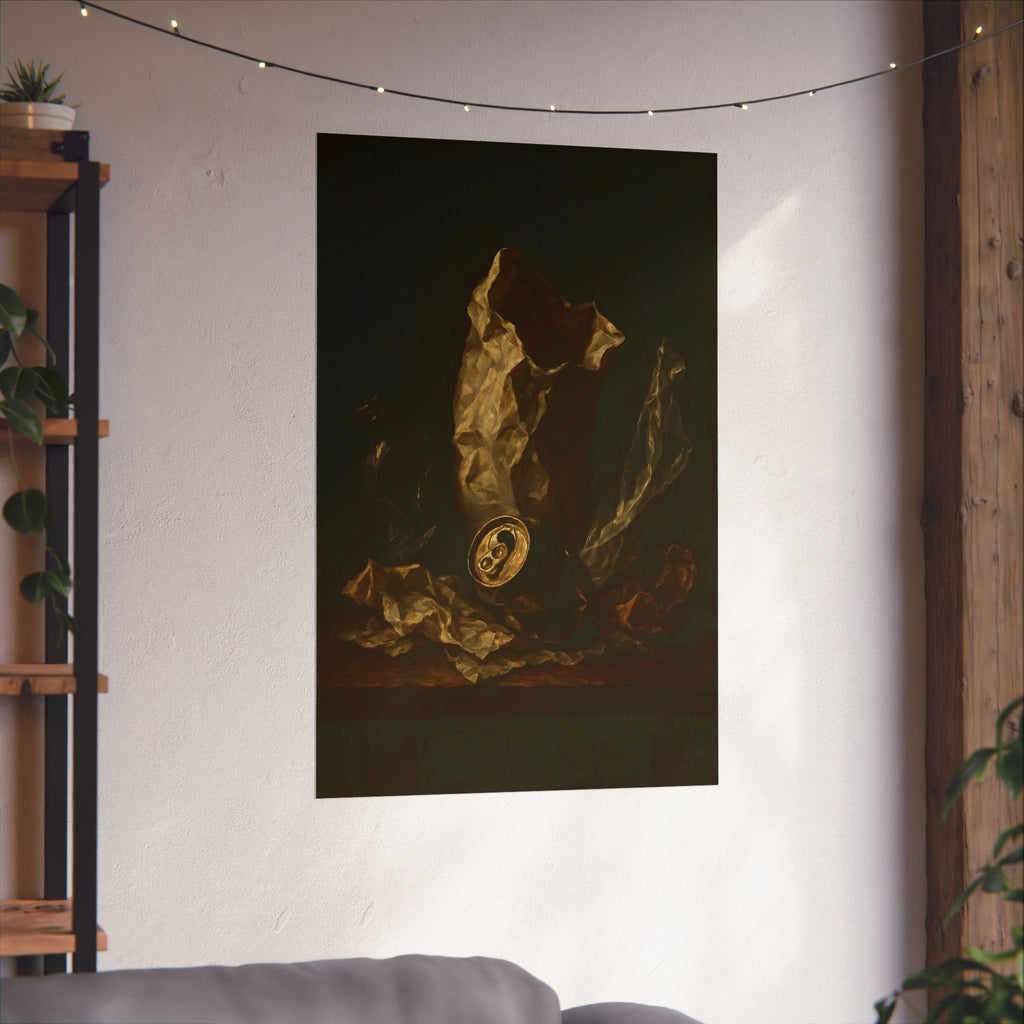 A crushed paper bag, dented can and flattened bottle on a dark table. Vanitas with Crumpled Bag by Garabaggio, fine art print hanging in a room.