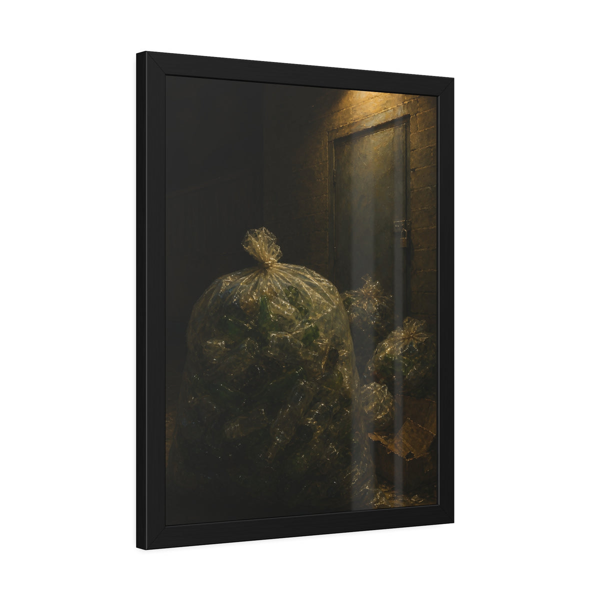 Clear bags of empty bottles piled by a padlocked door under a wall lamp. The Gathering of Empties by Garabaggio, framed fine art print hanging in a room.
