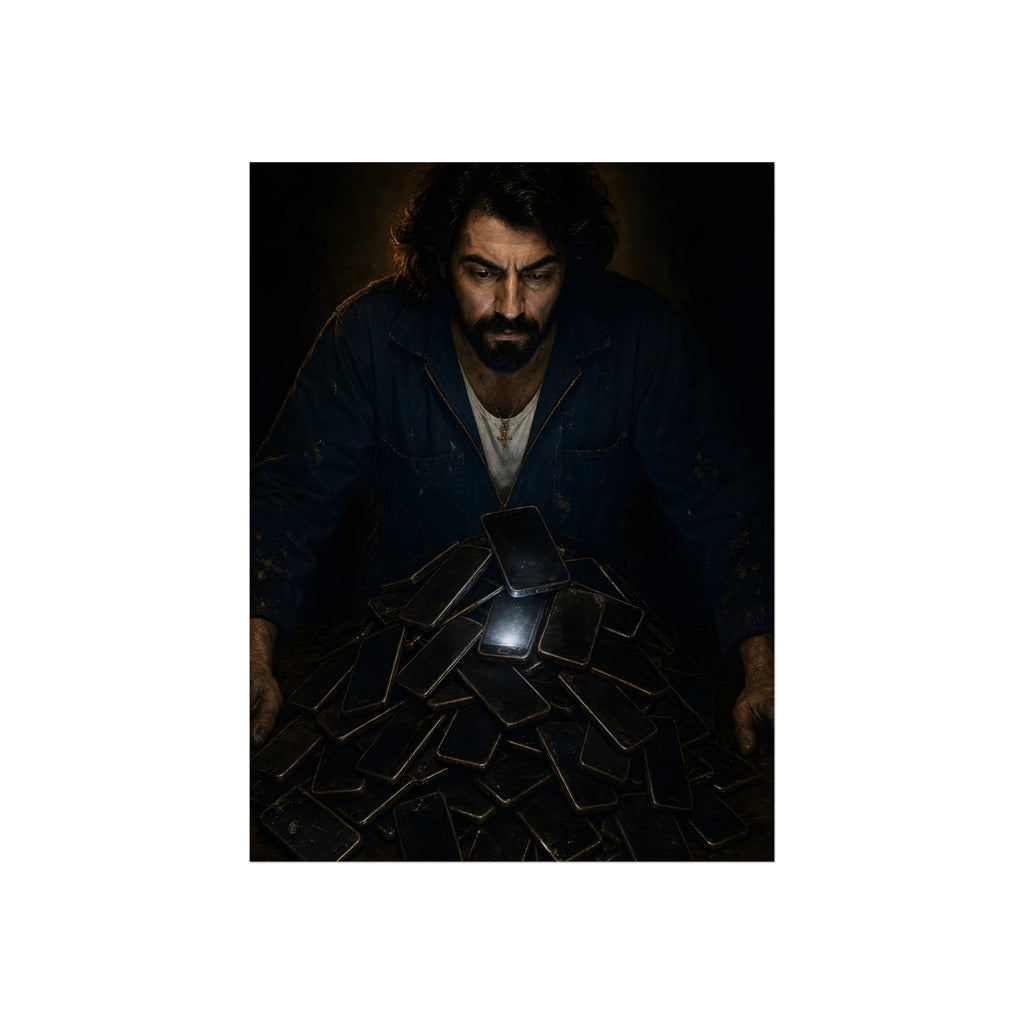 A bearded man leaning over a pile of dark phones, one screen lit. The Last Notification by Garabaggio, fine art print, 12″ x 16″.