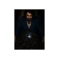 A bearded man leaning over a pile of dark phones, one screen lit. The Last Notification by Garabaggio, fine art print, 12″ x 16″.