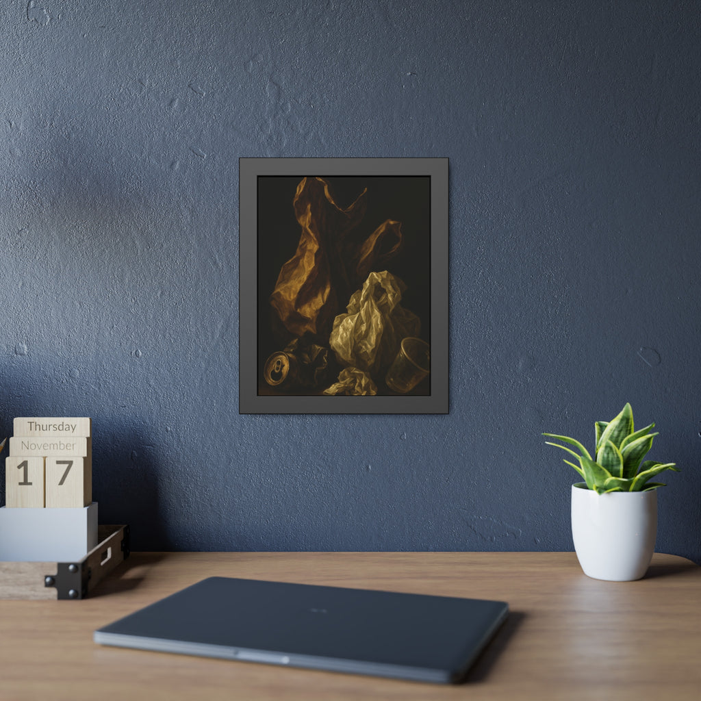 A plastic bag and crumpled paper beside a crushed can and clear cup. The Two Penitents by Garabaggio, framed fine art print hanging in a room.