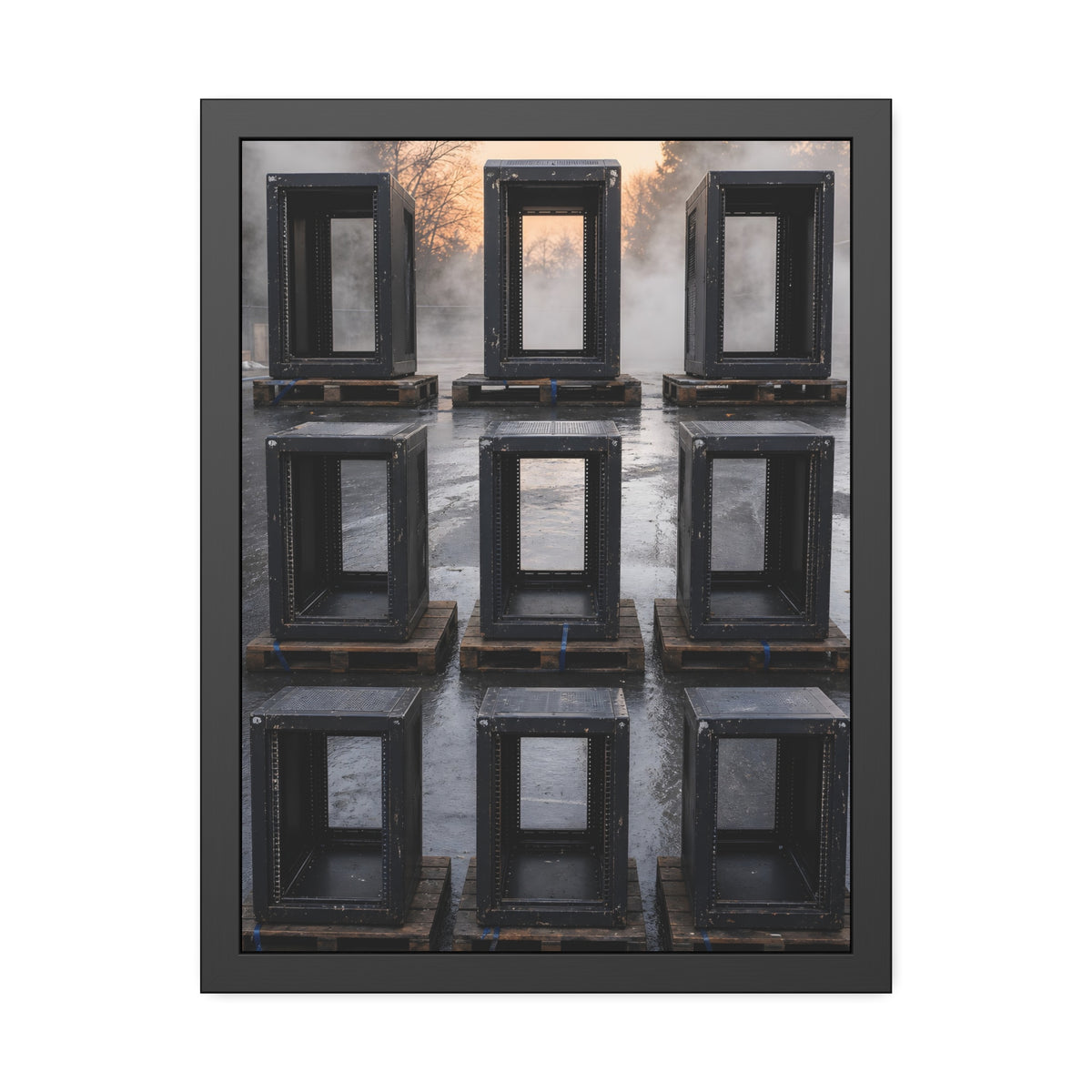 Nine empty black server racks on pallets in a wet lot at dawn. The Racks in the Morning Lot by Garabaggio, framed fine art print, 18″ x 24″.