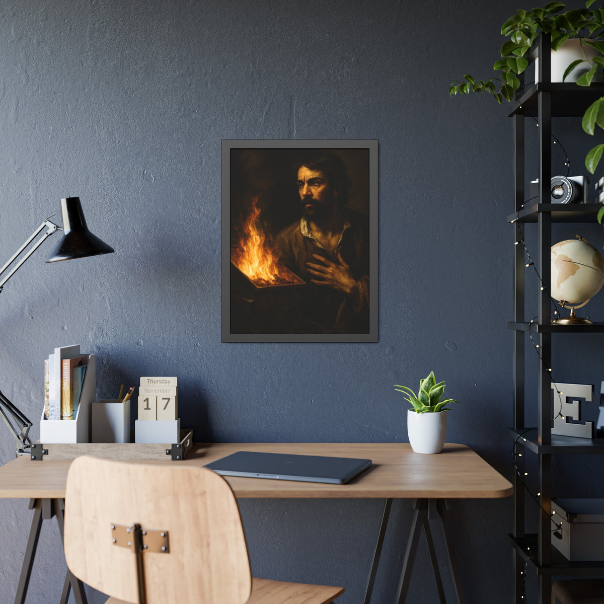 Man with a hand flat on his chest looking toward a low burning bin. Self-Portrait with Oath by Garabaggio, framed fine art print hanging in a room.