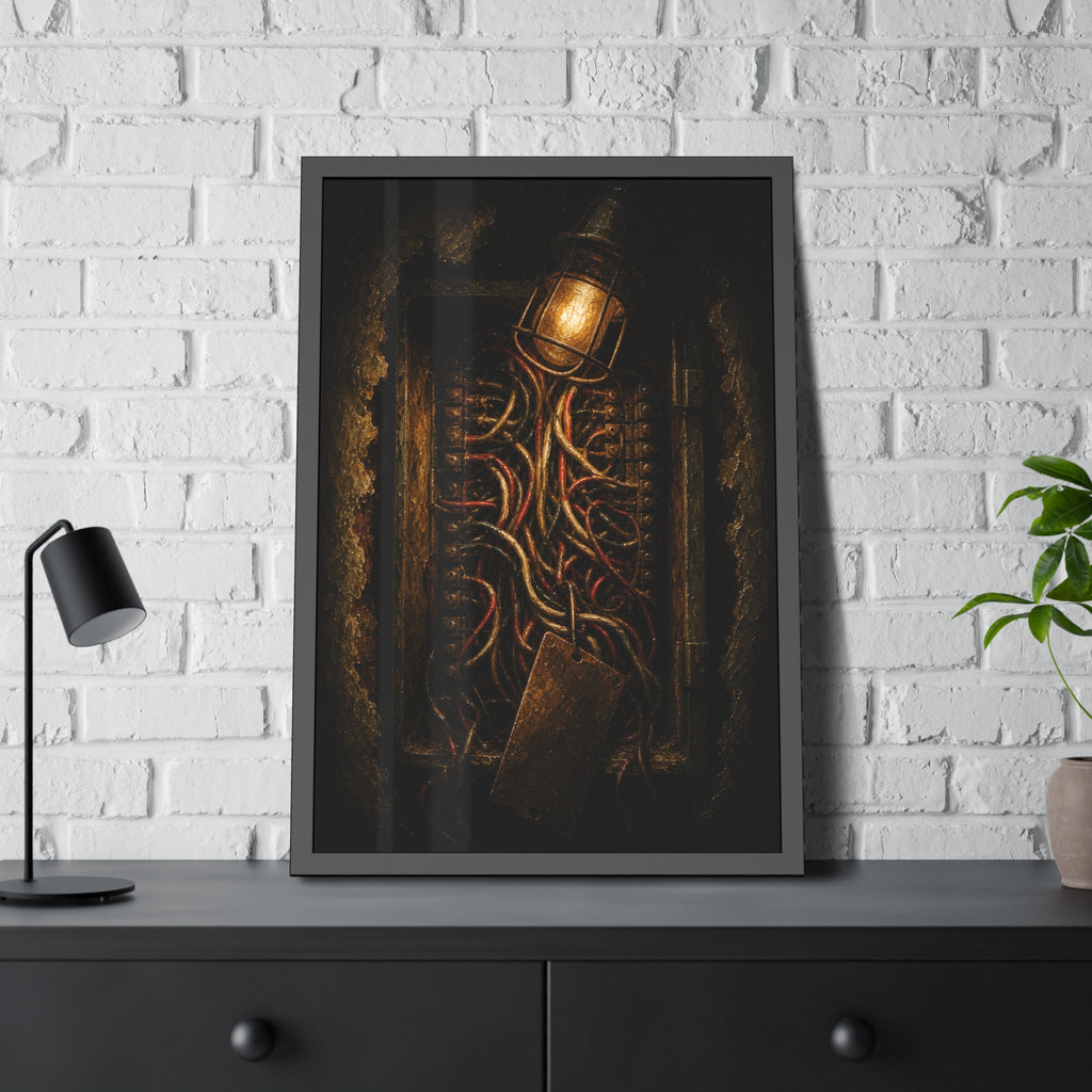 An open intercom box crowded with red and white wires under a bare bulb. The Wires Behind Names by Garabaggio, framed fine art print hanging in a room.