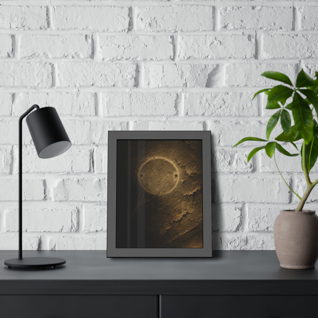 A pale ring and two screw holes on a peeling ceiling where a detector was. The Circle on the Ceiling by Garabaggio, framed fine art print hanging in a room.