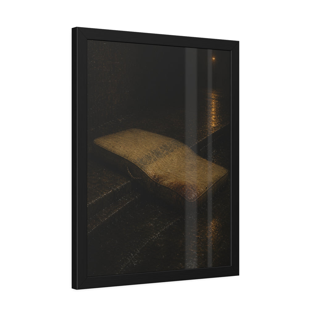 A sodden mattress slumped off a curb on wet pavement under a street lamp. The Collapse into the Gutter by Garabaggio, framed fine art print hanging in a room.
