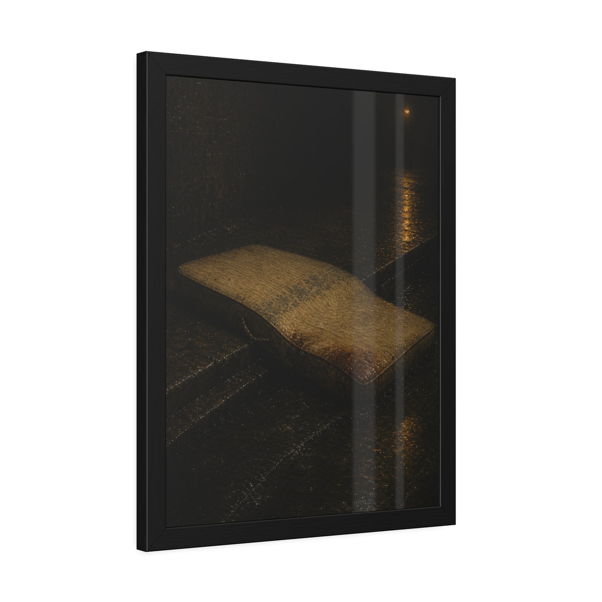 A sodden mattress slumped off a curb on wet pavement under a street lamp. The Collapse into the Gutter by Garabaggio, framed fine art print hanging in a room.