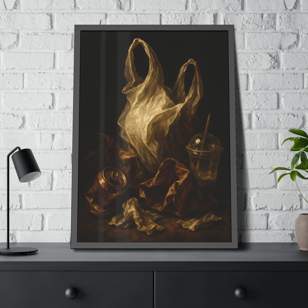 A plastic bag held open above a crushed can and a plastic cup with straw. The Apparition of the Bag by Garabaggio, framed fine art print hanging in a room.