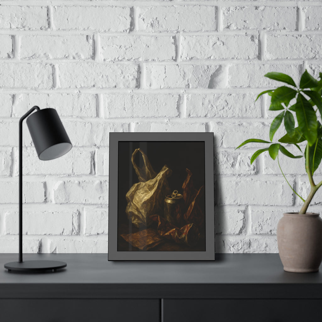 A crumpled plastic bag, crushed can and foil wrappers on a dark table. The Pietà of the Deflated by Garabaggio, framed fine art print hanging in a room.
