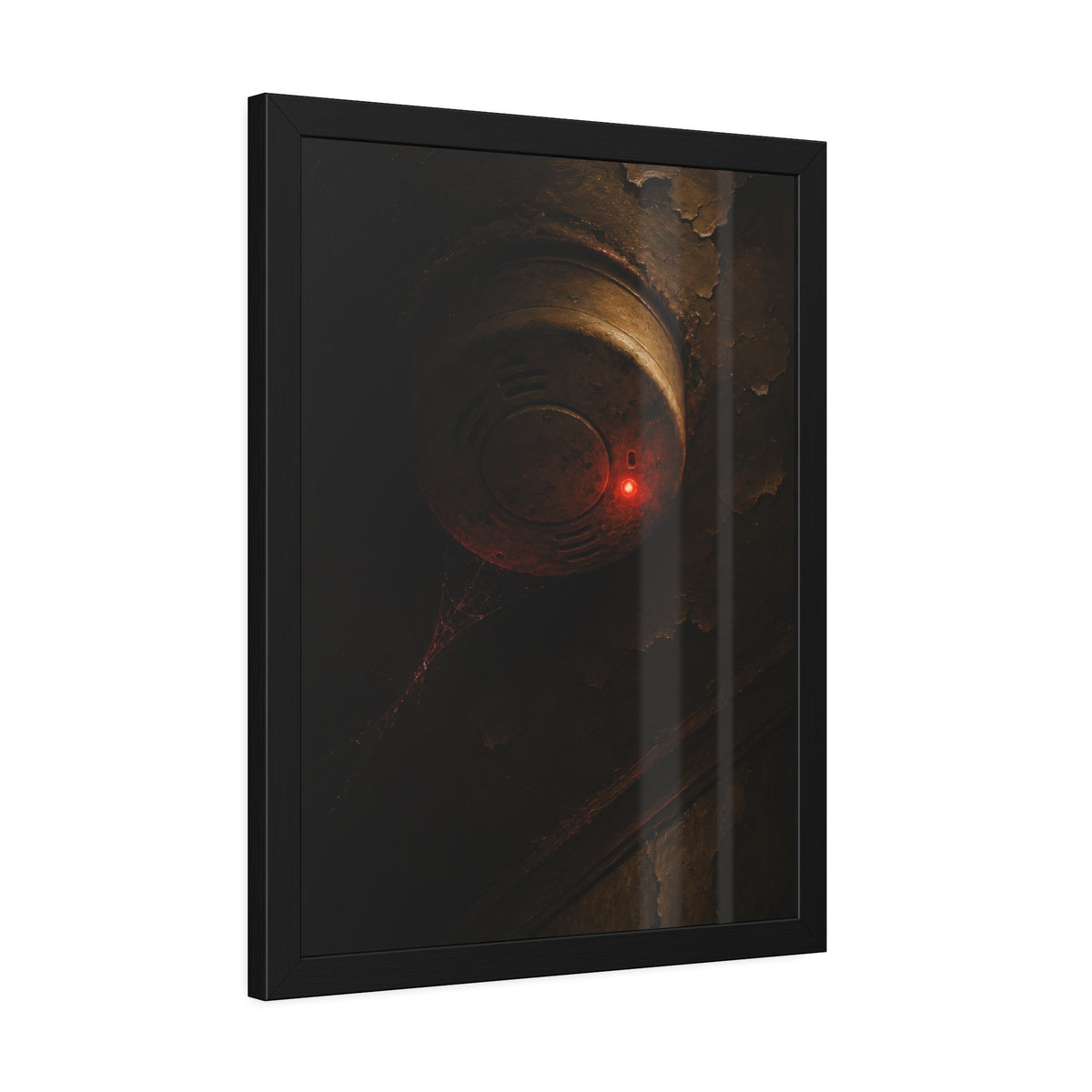 A smoke detector with a red light on a peeling ceiling, cobwebs beneath. The Chirp at Three Forty by Garabaggio, framed fine art print hanging in a room.