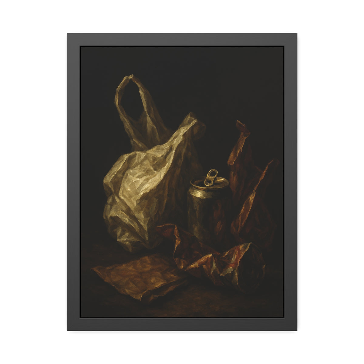 A crumpled plastic bag, crushed can and foil wrappers on a dark table. The Pietà of the Deflated by Garabaggio, framed fine art print hanging in a room.