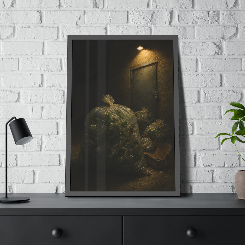 Clear bags of empty bottles piled by a padlocked door under a wall lamp. The Gathering of Empties by Garabaggio, framed fine art print hanging in a room.