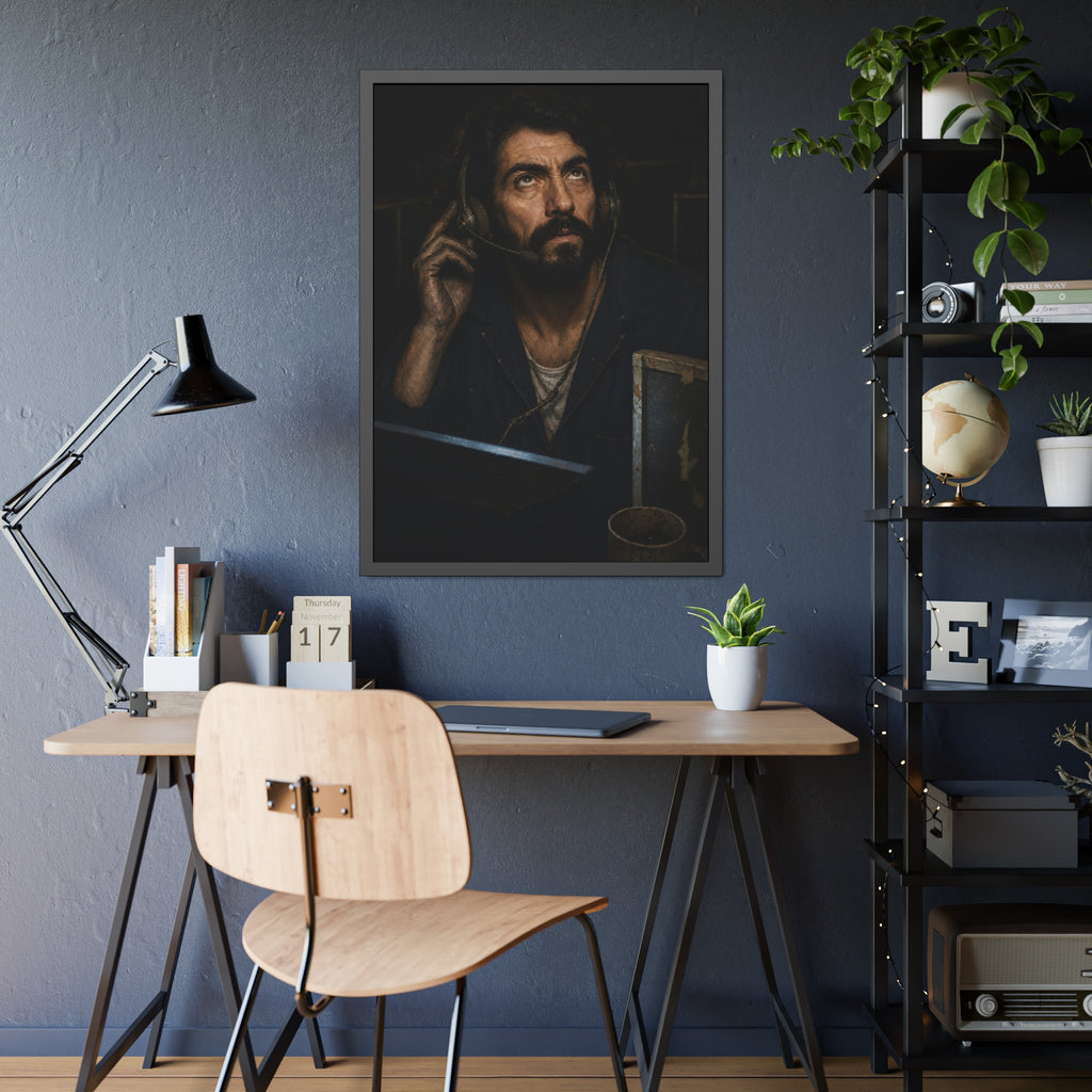 A man in a phone headset looks upward over the glow of a monitor. Garabaggio on Hold by Garabaggio, framed fine art print hanging in a room.