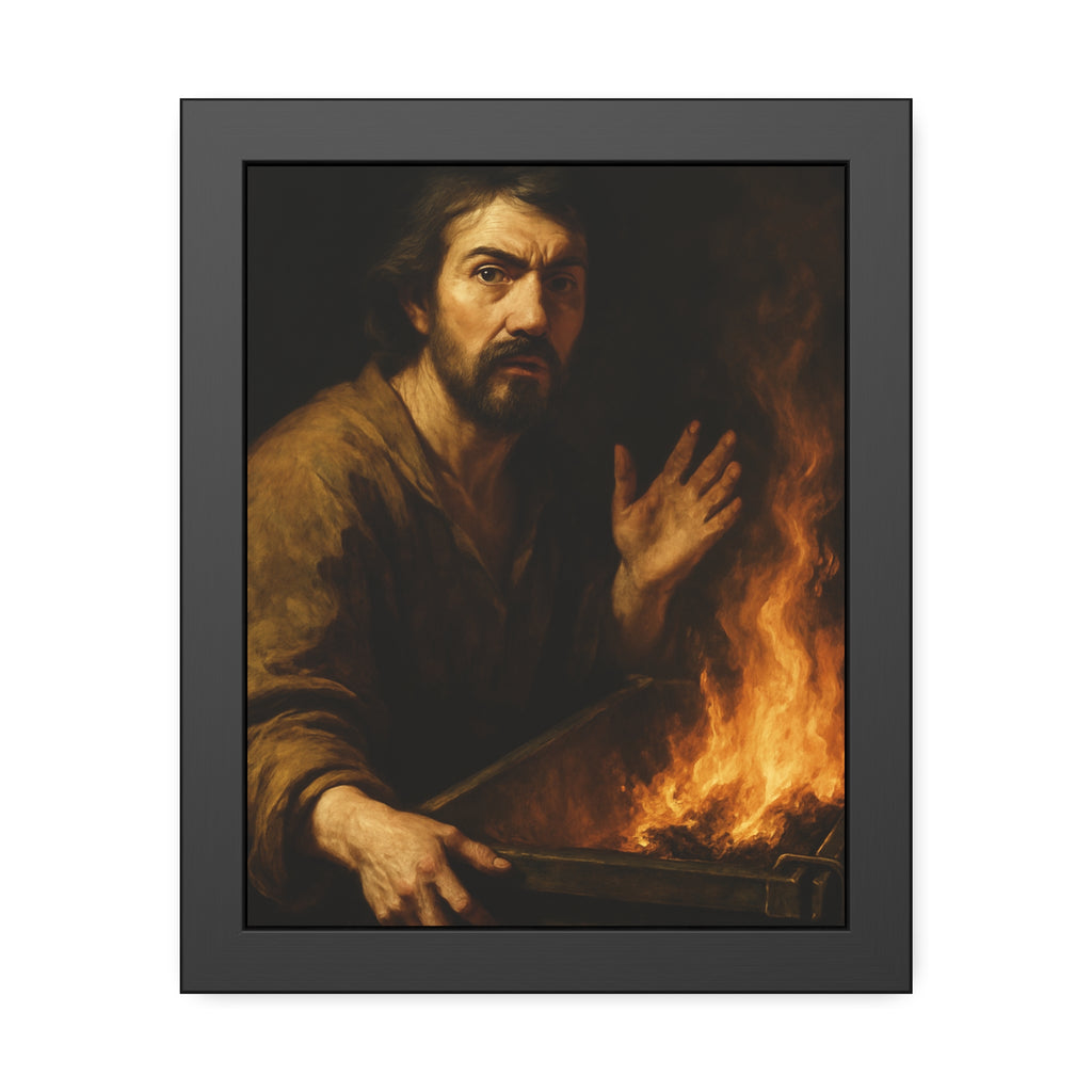 Man gripping the edge of a burning dumpster with one hand raised. Self-Portrait at 3:40 AM by Garabaggio, framed fine art print, 11″ x 14″.