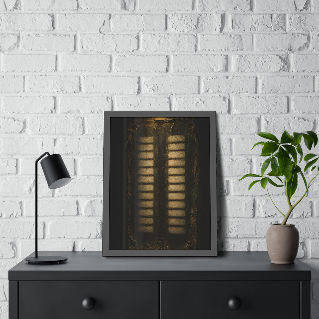 Two columns of blank name slots on a corroded intercom panel. Twenty-Four Pale Rectangles by Garabaggio, framed fine art print hanging in a room.