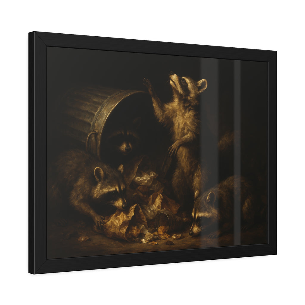 Raccoons around a fallen trash can, one rearing up with a raised paw. The Supper of Shadows by Garabaggio, framed fine art print hanging in a room.