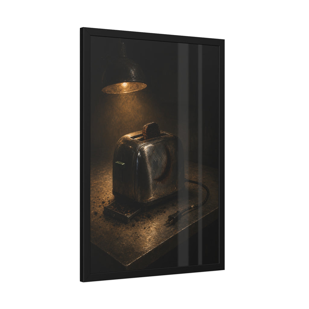A scorched toaster under a work lamp, burnt toast standing in its slot. The Table of Examination by Garabaggio, framed fine art print hanging in a room.
